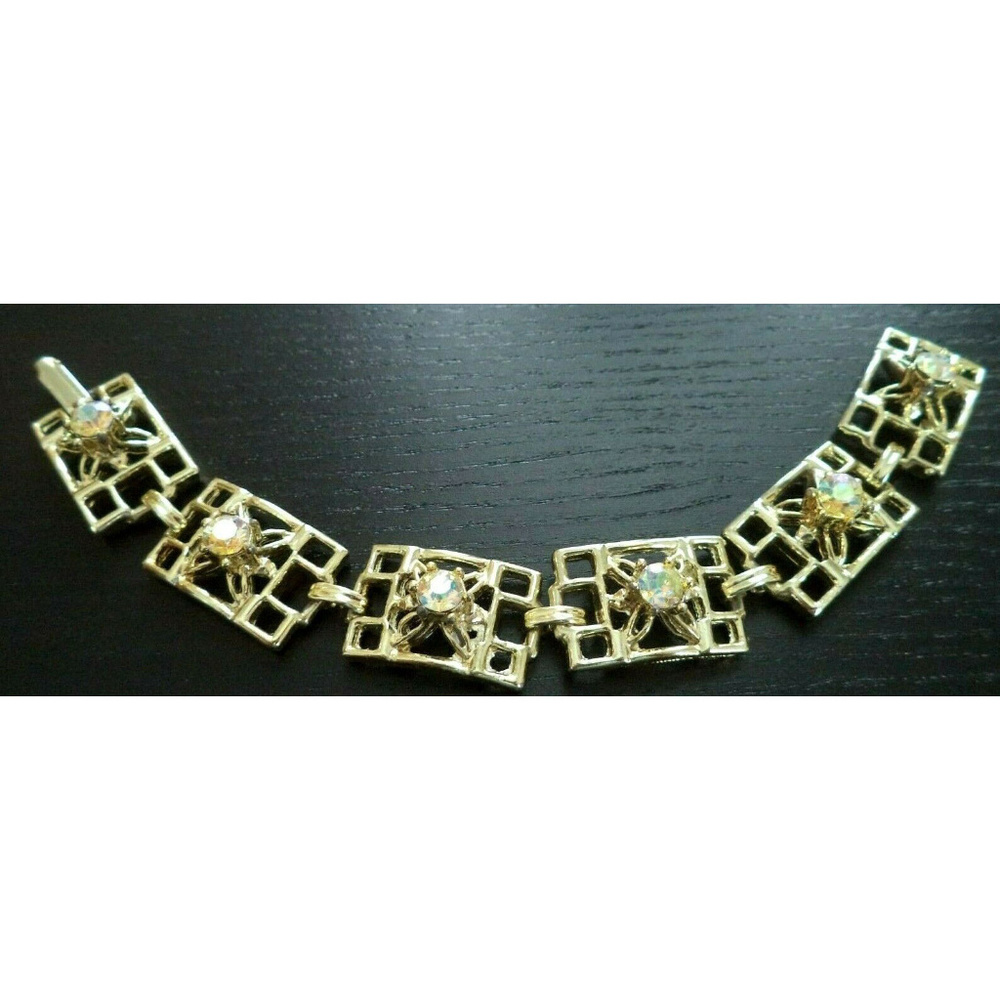 Vintage AB rhinestone Gold tone wide link bracelet